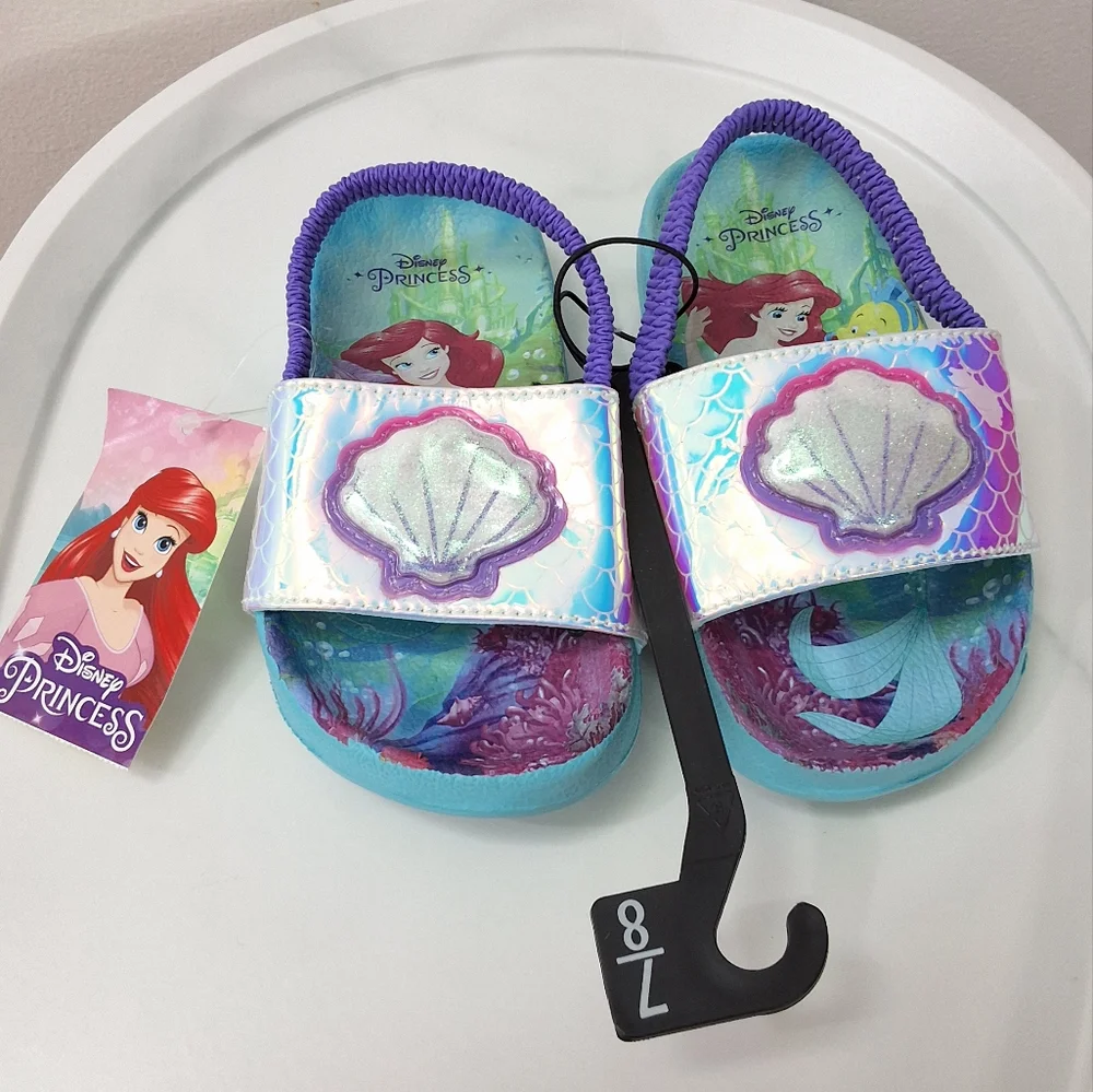 Disney Princess Ariel Little Mermaid Kids Girls Slides Sandals, Size 7-8, NWT